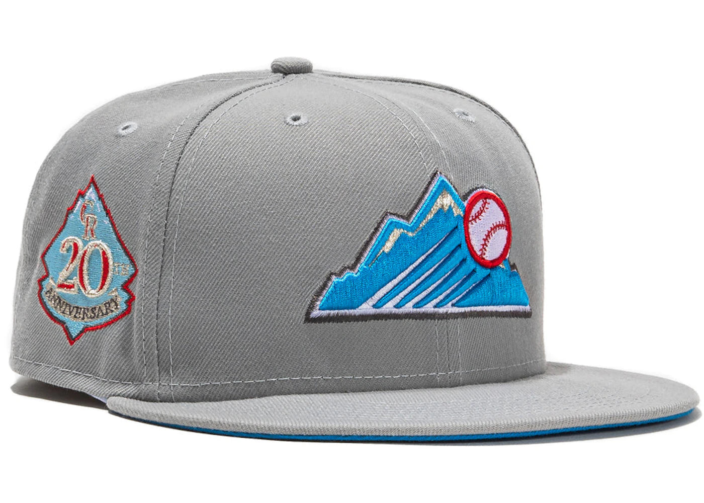 New Era Colorado Rockies Beer Pack 20th Anniversary Patch Mountain Hat Club Exclusive 59Fifty Fitted Hat Gray/Light Blue