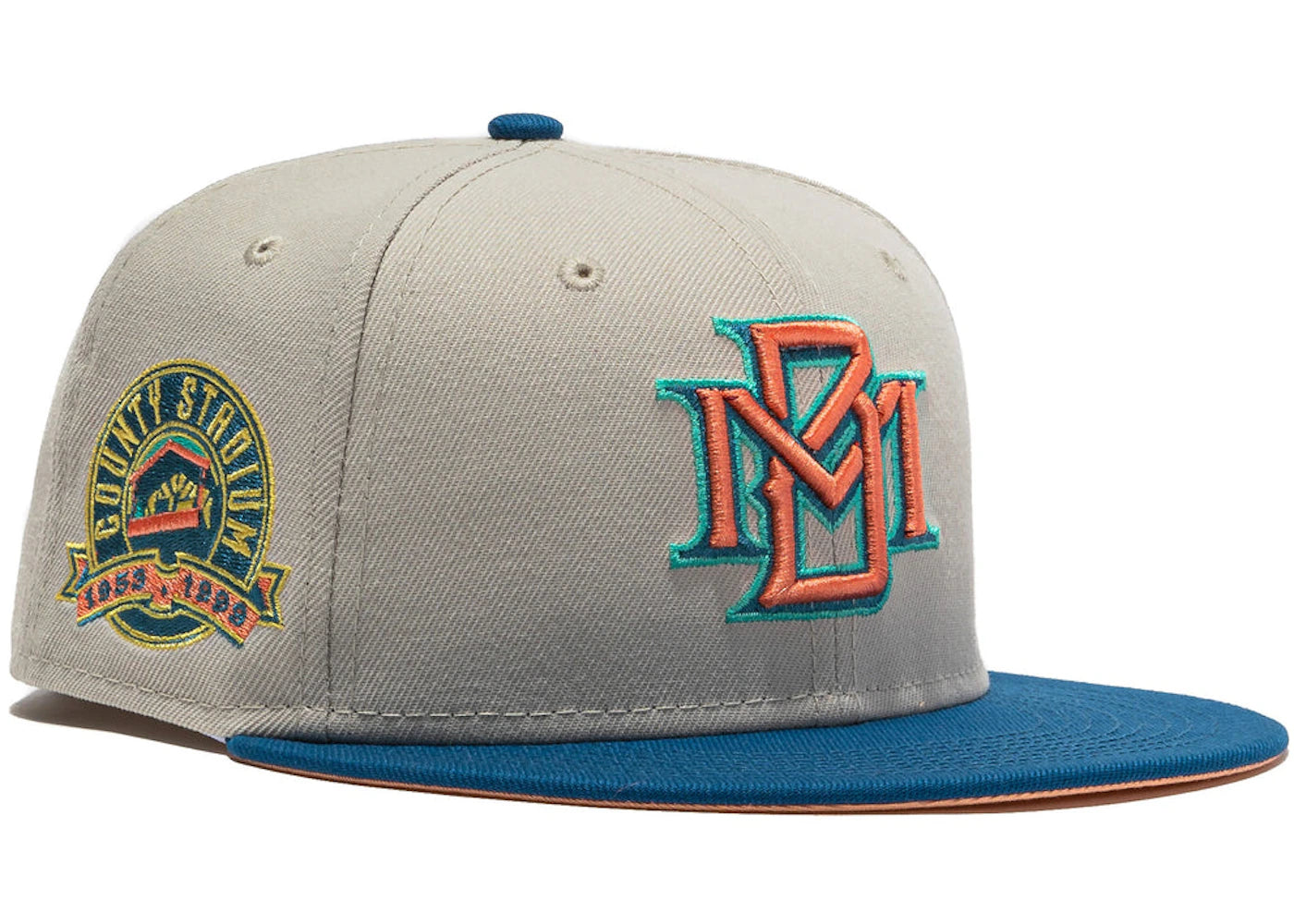 New Era Milwaukee Brewers Ocean Drive 25th Anniversary Patch Hat Club Exclusive 59Fifty Fitted Hat Stone/Indigo/Peach