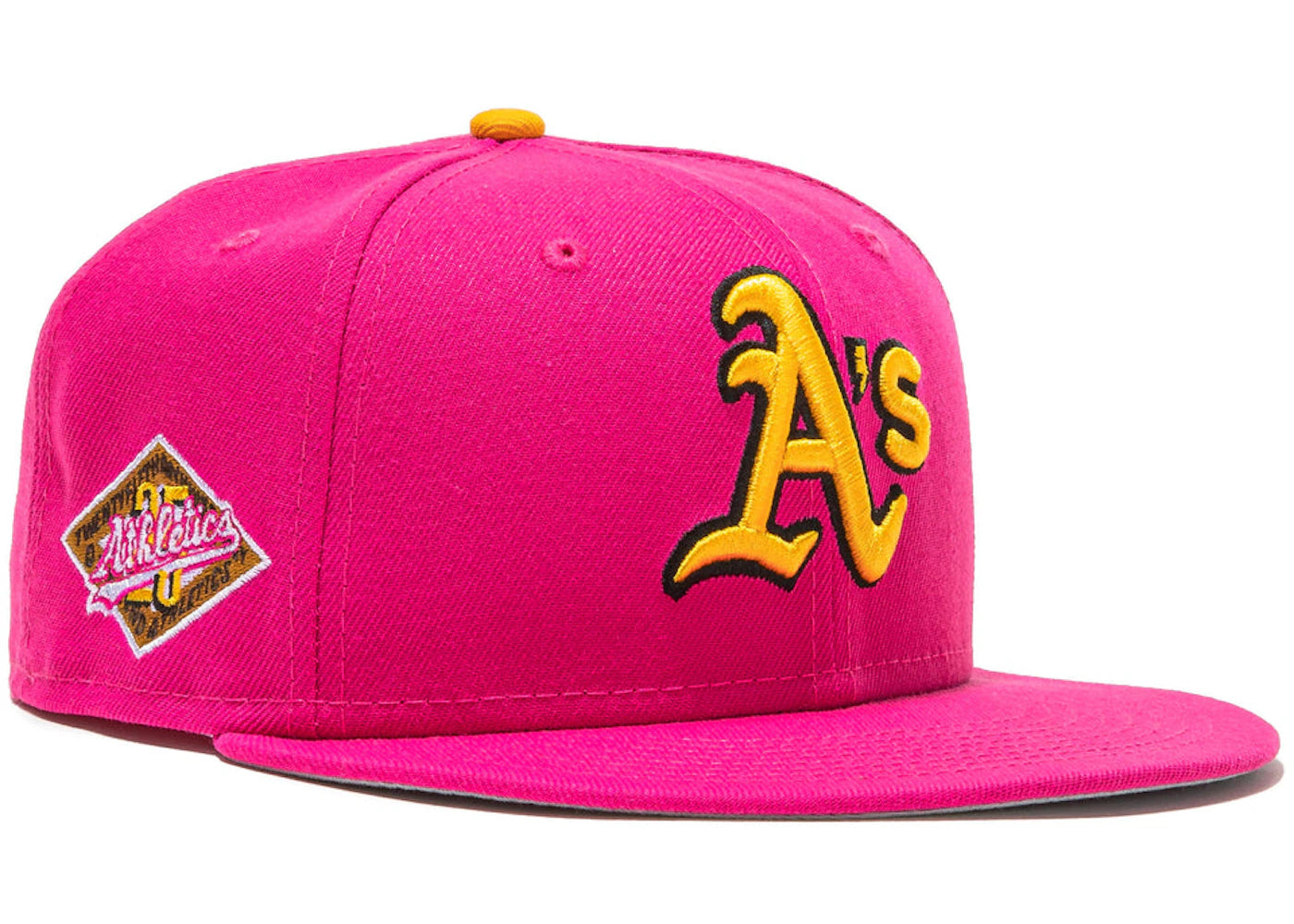 New Era Oakland Athletics Beer Pack 25th Anniversary Patch Hat Club Exclusive 59Fifty Fitted Hat Magenta/Yellow