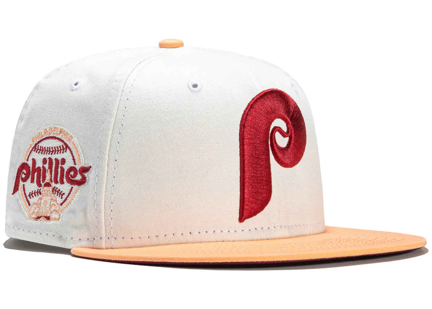 New Era Philadelphia Phillies Monaco 1982 Logo Patch Hat Club Exclusive 59Fifty Fitted Hat Stone/Peach