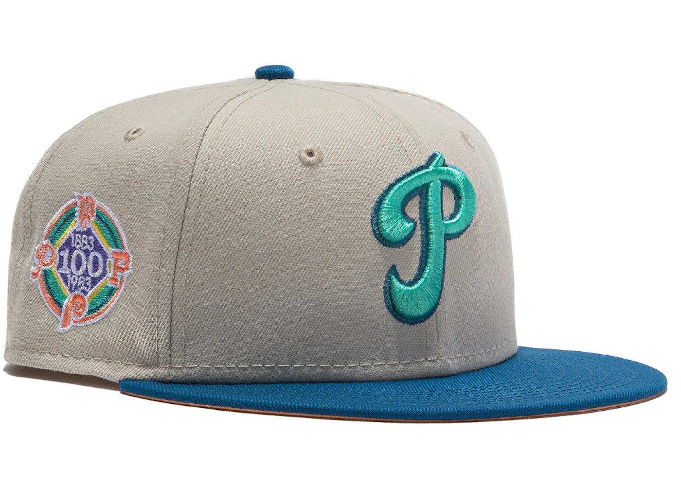 New Era Philadelphia Phillies Ocean Drive 1980 World Series Patch Hat Club Exclusive 59Fifty Fitted Hat Stone/Indigo/Peach