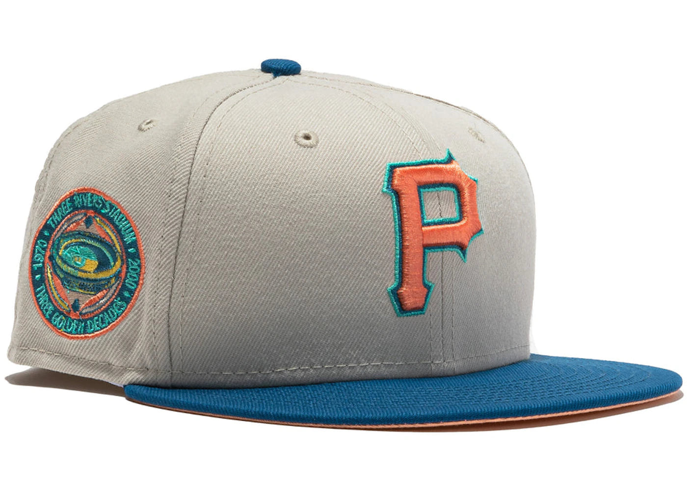 New Era Pittsburgh Pirates Ocean Drive Three Rivers Stadium Patch Hat Club Exclusive 59Fifty Fitted Hat Stone/Indigo/Peach