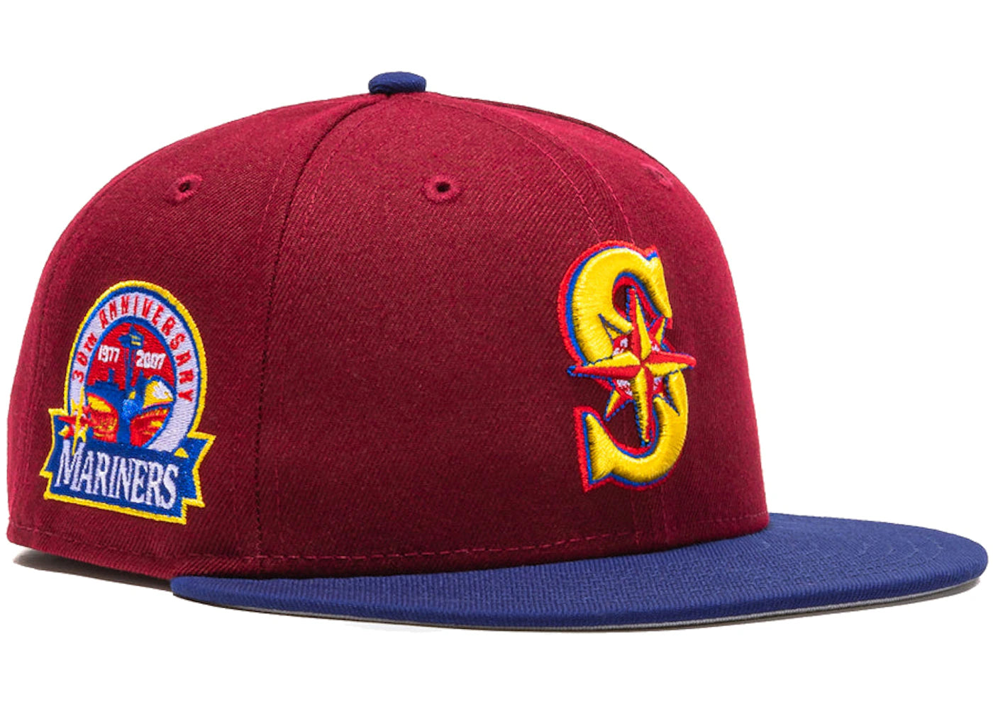 New Era Seattle Mariners Sangria 35th Anniversary Patch Hat Club Exclusive 59Fifty Fitted Hat Cardinal/Royal