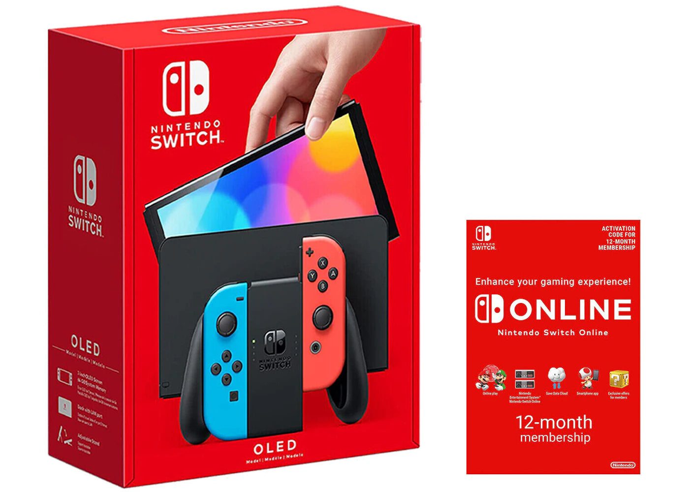 Nintendo Switch OLED with Online 12 Month Family Membership Bundle NS-HEGSKABAA Neon Blue/Neon Red