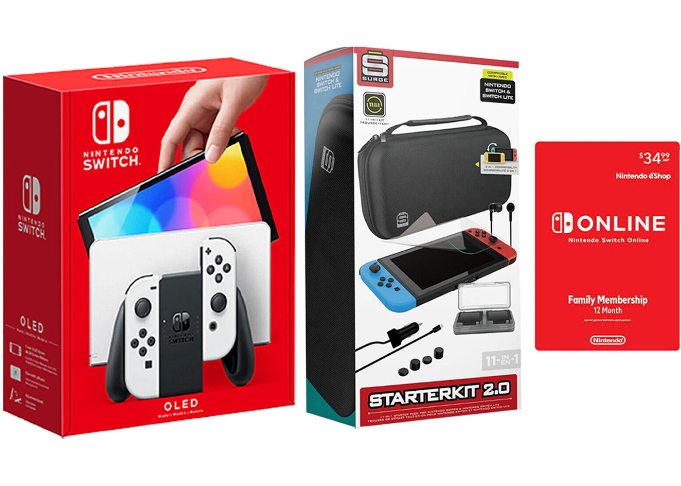 Nintendo Switch OLED with Online 12 Month Family Membership and Surge 11-In-1 Accessory Starter Pack Bundle NS-HEGSKAAAA/SG60047 White