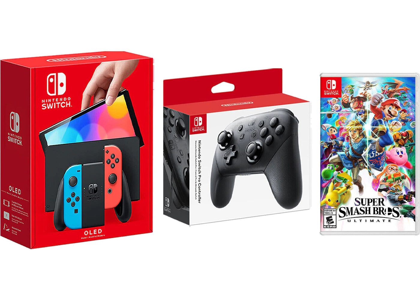 Nintendo Switch OLED with Pro Controller and Super Smash Bros Ultimate Game Bundle NS-HEGSKABAA Neon Blue/Neon Red