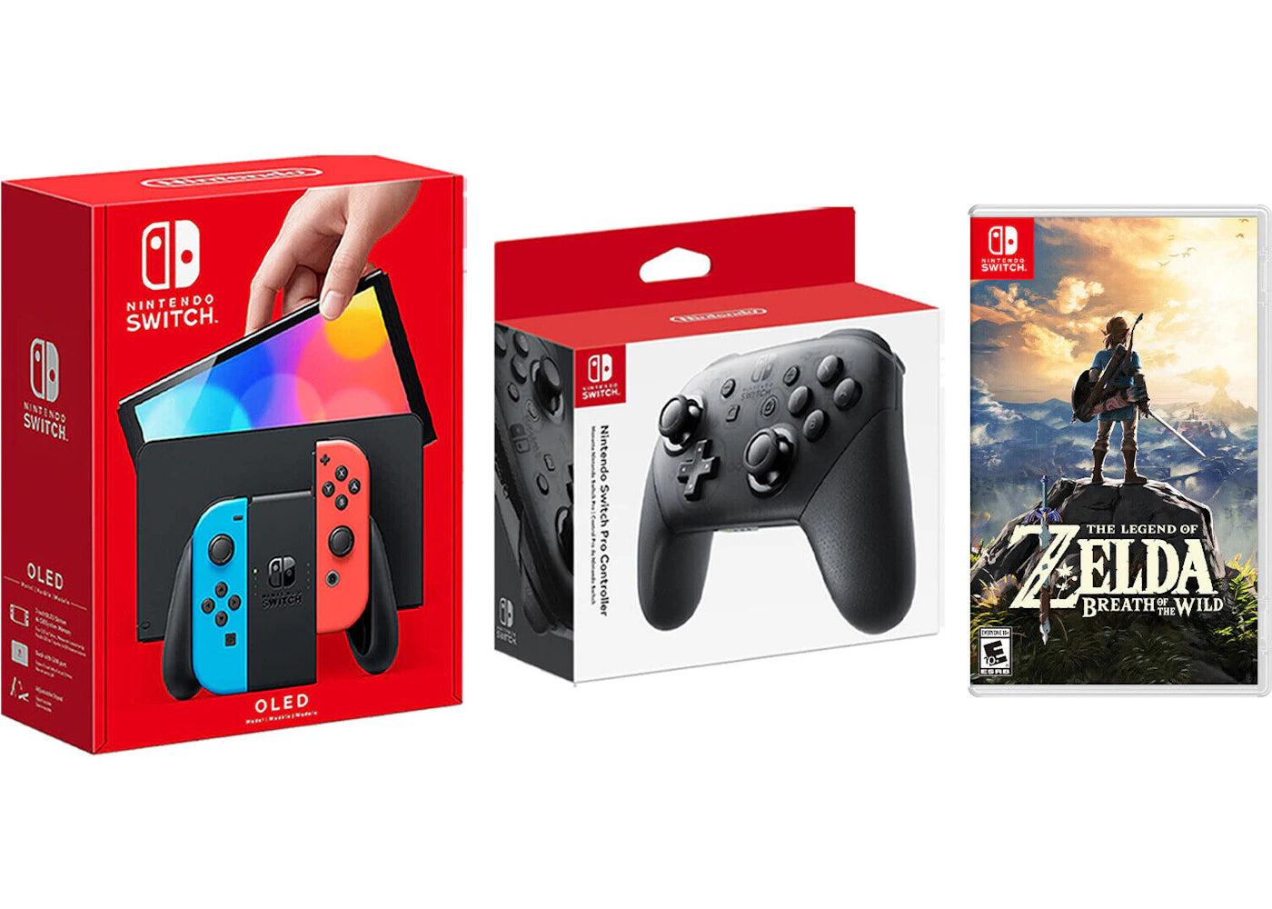 Nintendo Switch OLED with Pro Controller and The Legend of Zelda: Breath of the Wild Game Bundle NS-HEGSKABAA Neon Blue/Neon Red