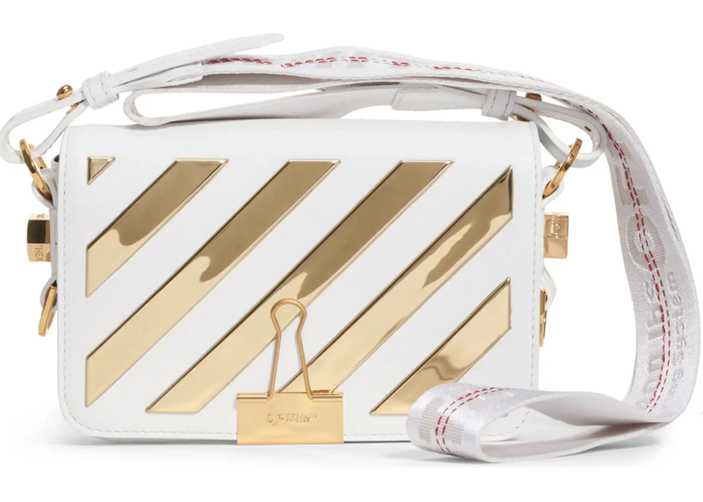 OFF-WHITE Binder Clip Flap Bag Metallic Diagonal Stripe Mini White/Gold