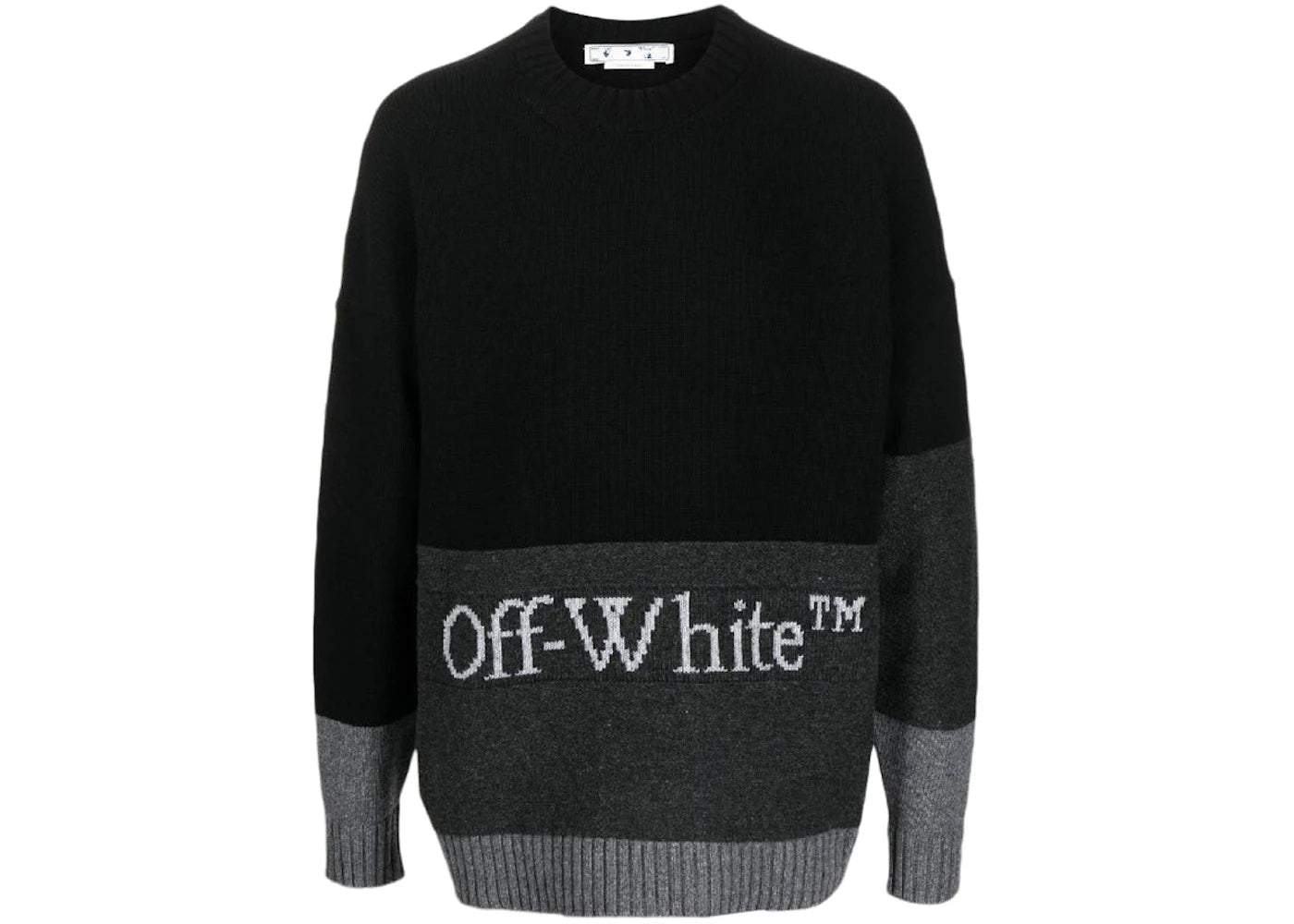 OFF-WHITE Blocked Intarsia-Logo Wool Crew Sweater Black/Grey