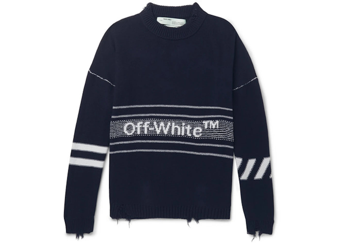 OFF-WHITE Distressed Logo Intarsia Sweater Navy