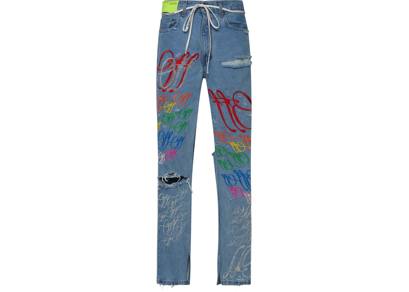 OFF-WHITE EV BRAVADO Crystal Distressed Denim Jeans Blue/Multicolor