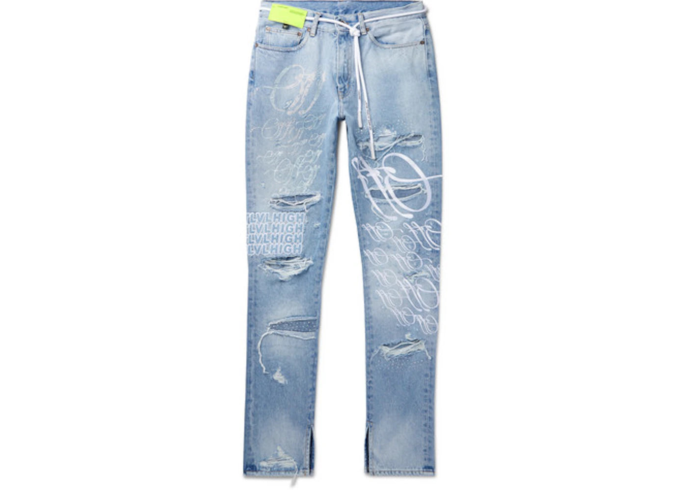 OFF-WHITE EV BRAVADO Crystal Distressed Denim Jeans Light Blue