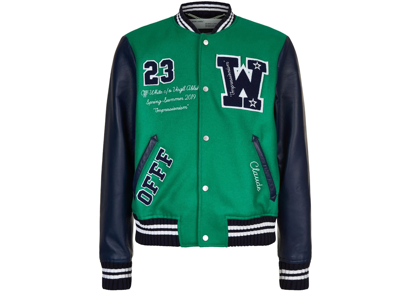 OFF-WHITE Eagle Logo Leather Sleeve Varsity Jacket Green/Navy/White