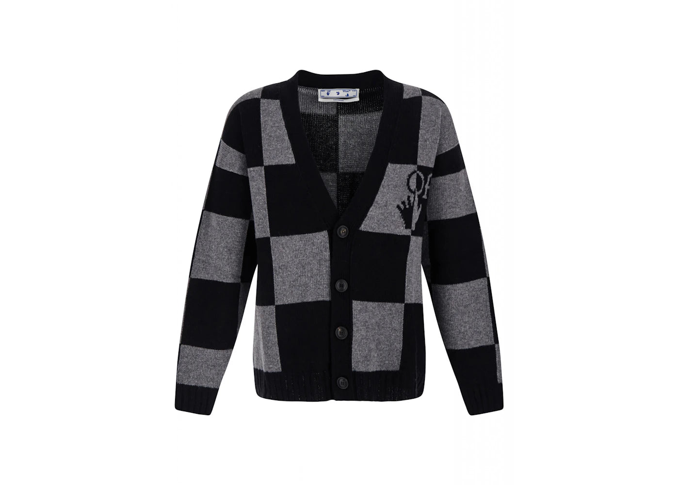 OFF-WHITE Intarsia Pattern Check Knit Cardigan Grey Black