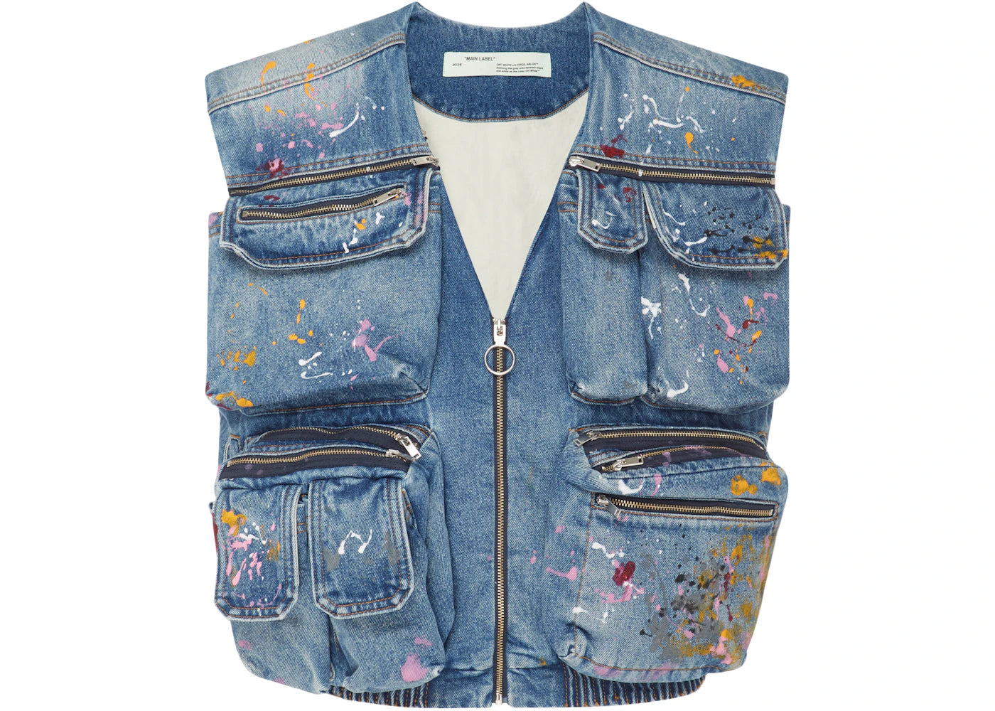 OFF-WHITE Painted Multi Pocket Distressed Denim Vest Blue