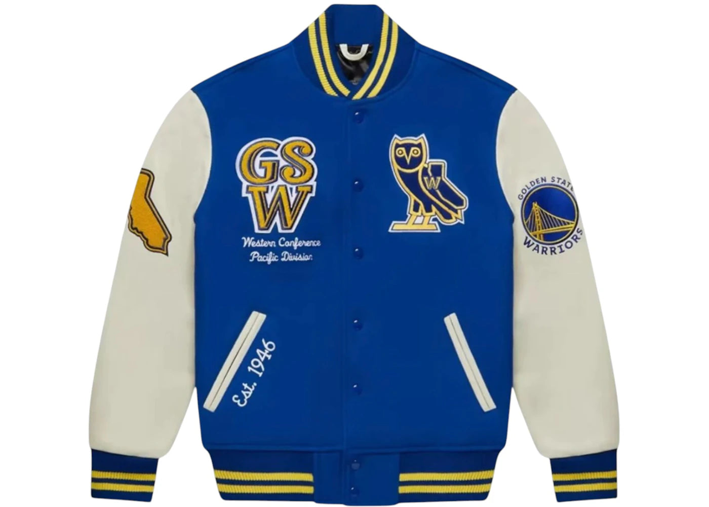 OVO x NBA Golden State Warriors Varsity Jacket Blue