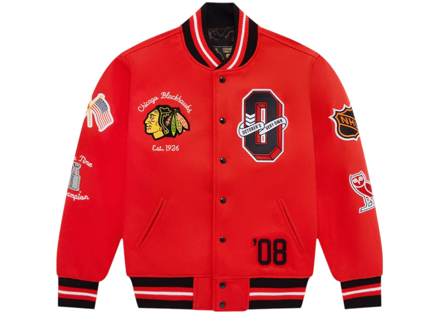 OVO x NHL Chicago Blackhawks Varsity Jacket Red