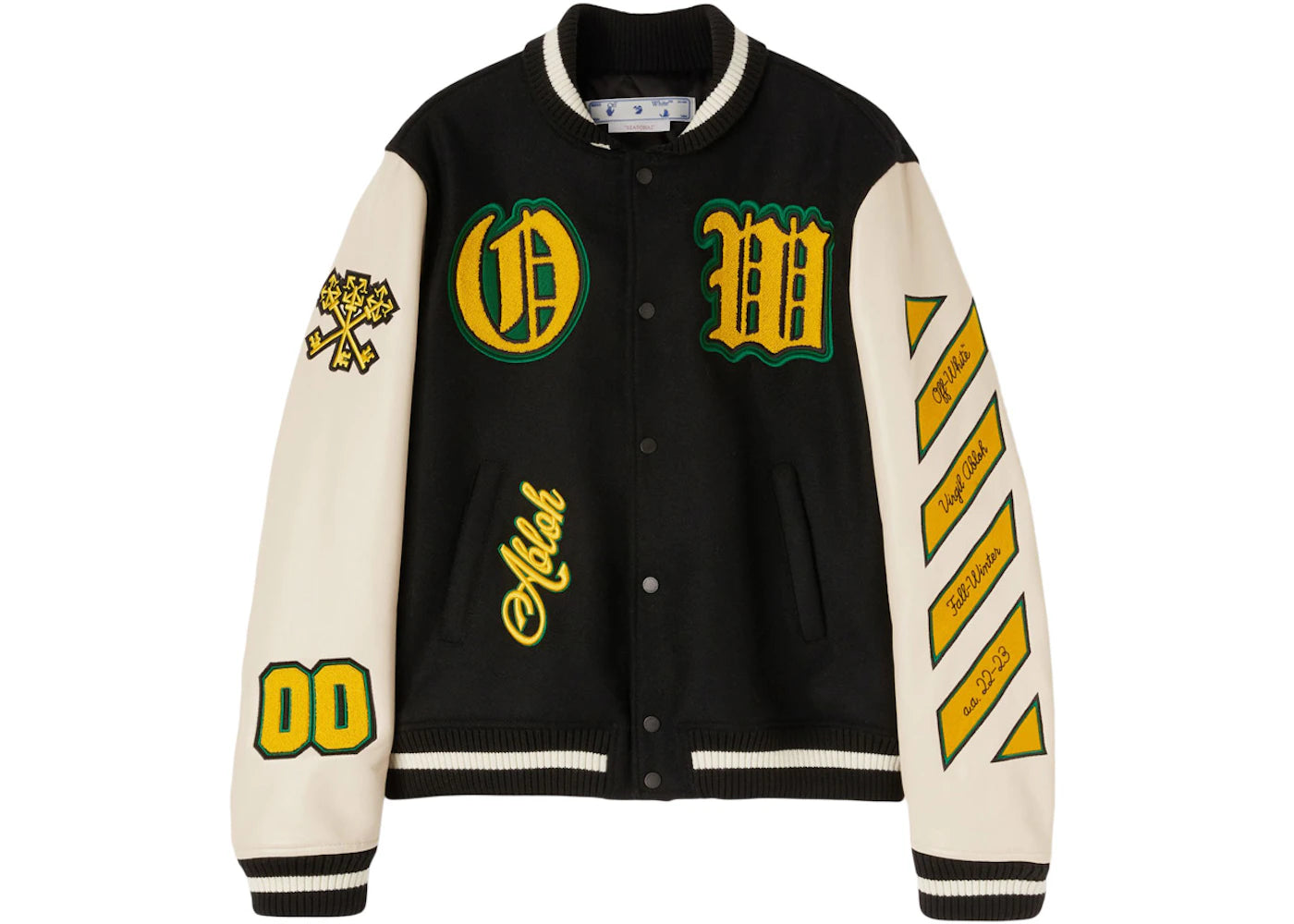 OFF-WHITE Graphics Leather Varsity Jacket Black/White/Yellow/Green