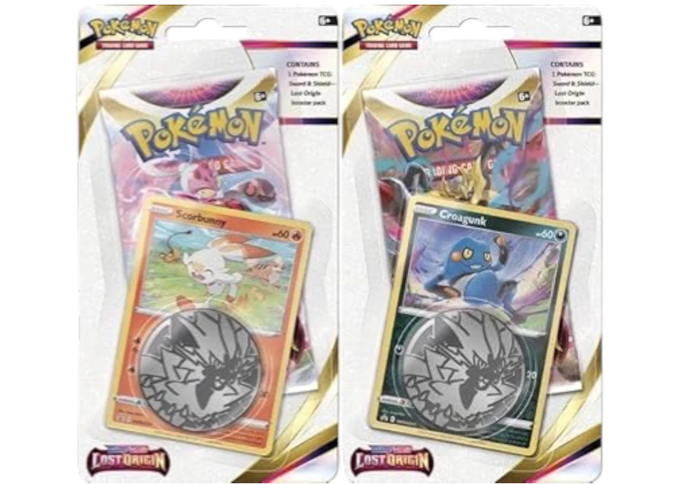 Pokémon Sword & Shield Lost Origin Checklane Scorbunny and Croagunk Blister Booster Pack 2x Lot (Artwork May Vary)