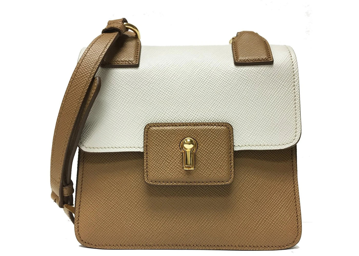Prada Cuir Pattina Shoulder Bag Saffiano Caramel Beige/Talco White