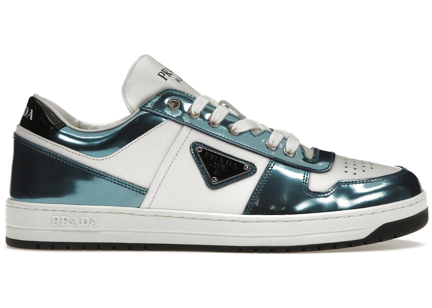 Prada Downtown Low Top Sneakers Leather White Metallic Blue