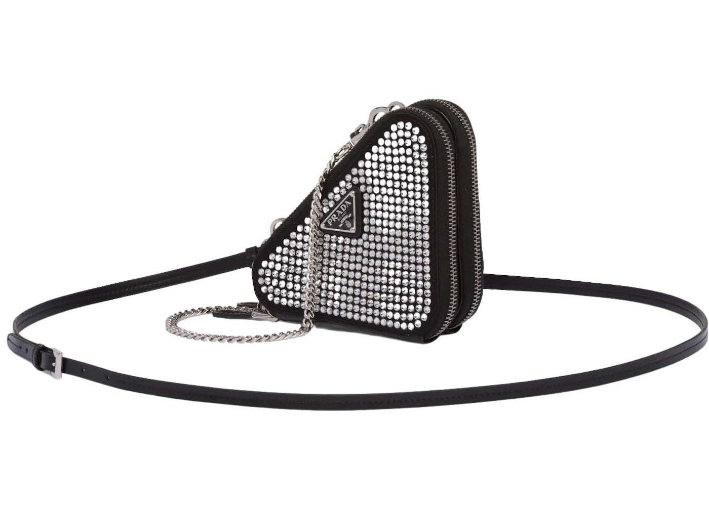 Prada Embellished Satin and Leather Mini Pouch Crystal