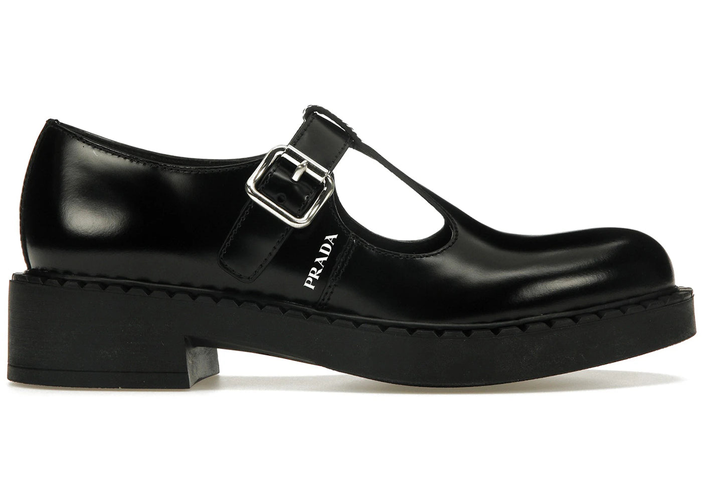 Prada Mary Jane 50mm T-Strap Shoe Black Brushed Leather