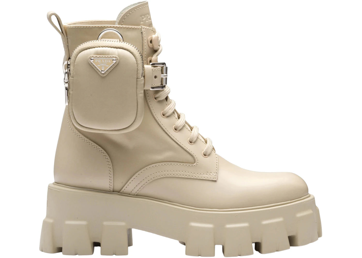 Prada Monolith 55mm Pouch Ankle Boots Desert Beige Leather