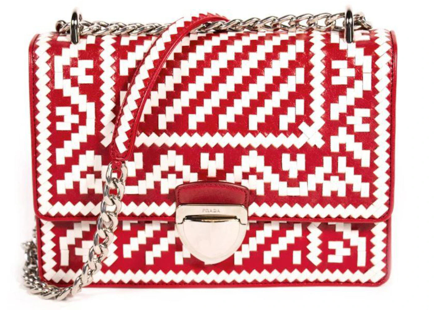 Prada Pattina Woven Pattern Madras Shoulder Bag White/Red