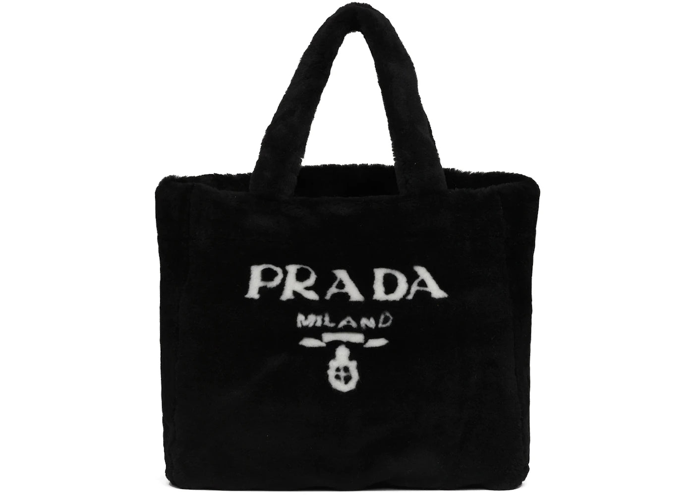 Prada Shearling Tote Bag Intarsia Logo Black/White