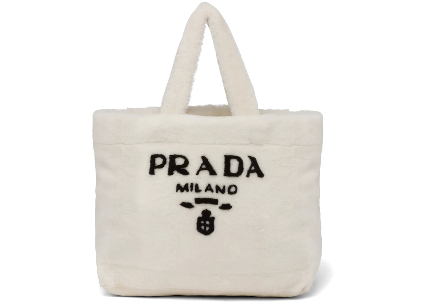 Prada Shearling Tote Bag Intarsia Logo White/Black