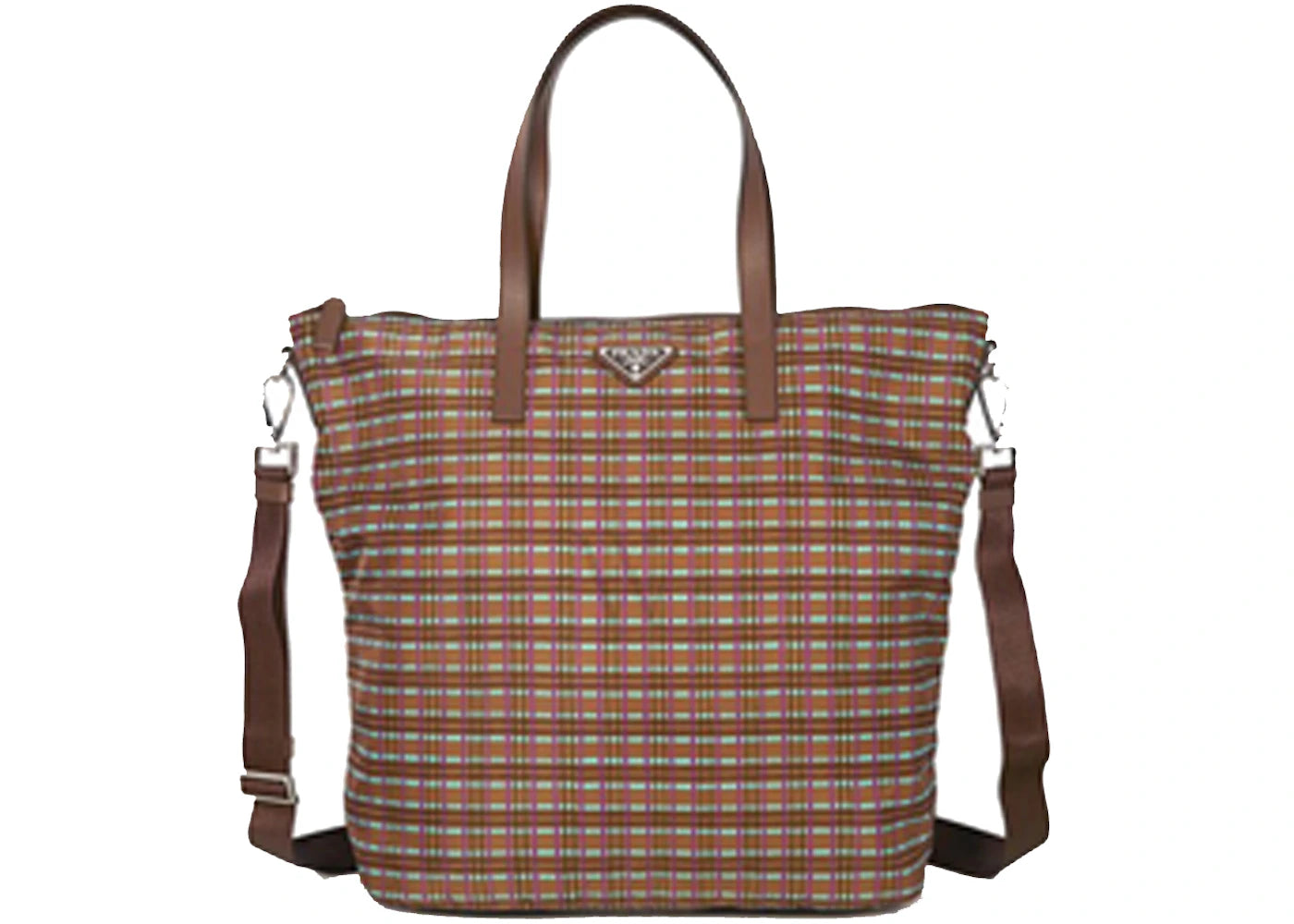 Prada Viola Check Plaid Print Shopper Tote Large Brown