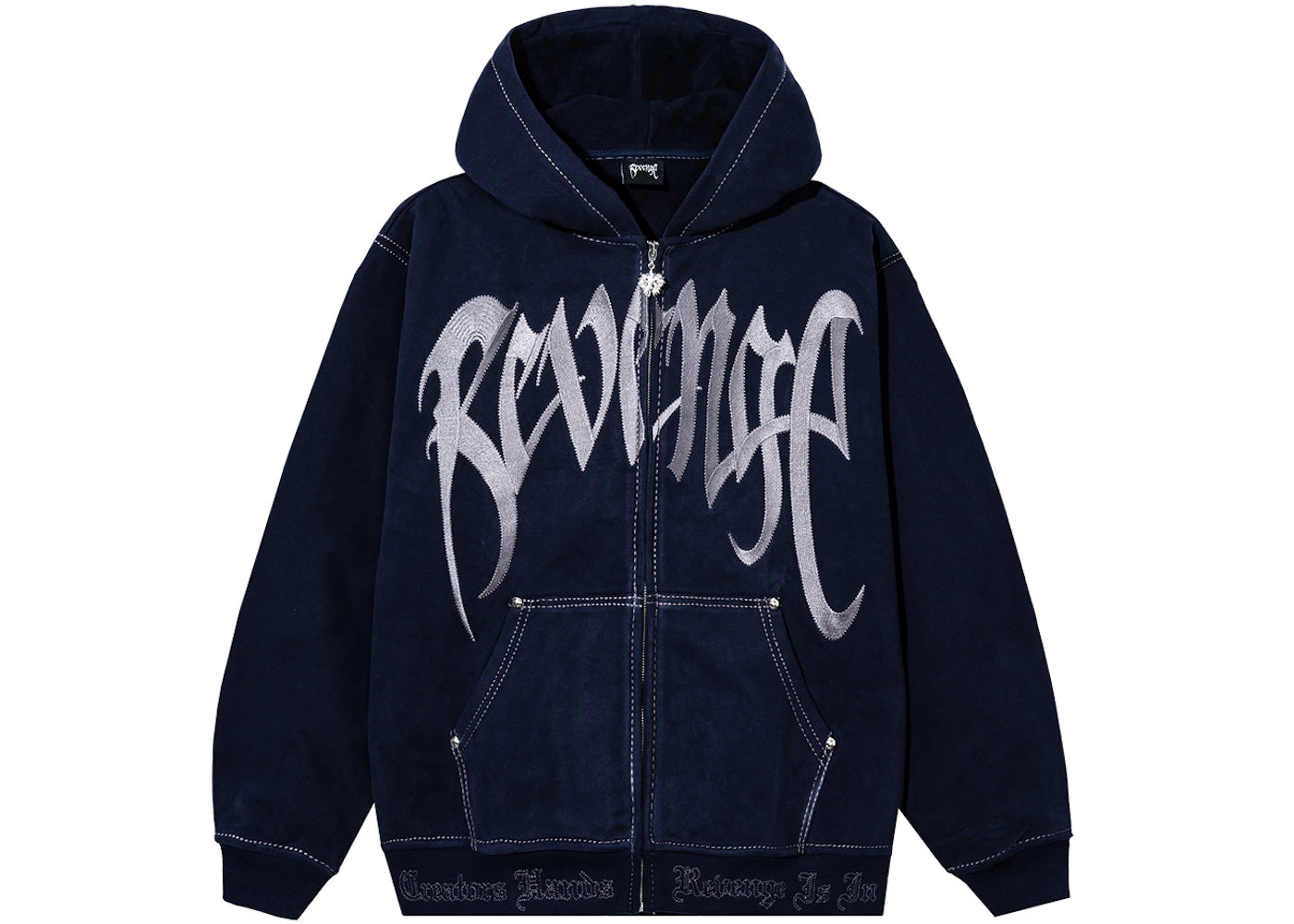 Revenge Contrast Stitch Embroidered Zip Hoodie Navy/Silver