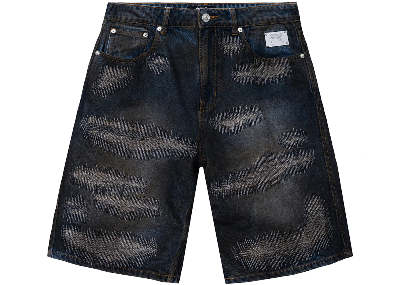 Revenge Distressed Patchwork Denim Short Dirty Indigo