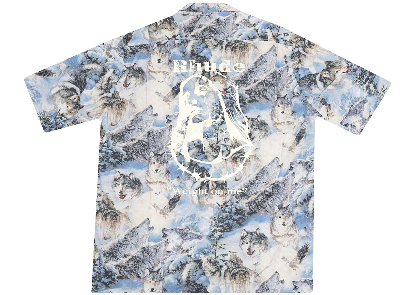 Rhude Wolves SS Button Up in Wolves Print Shirt Blue