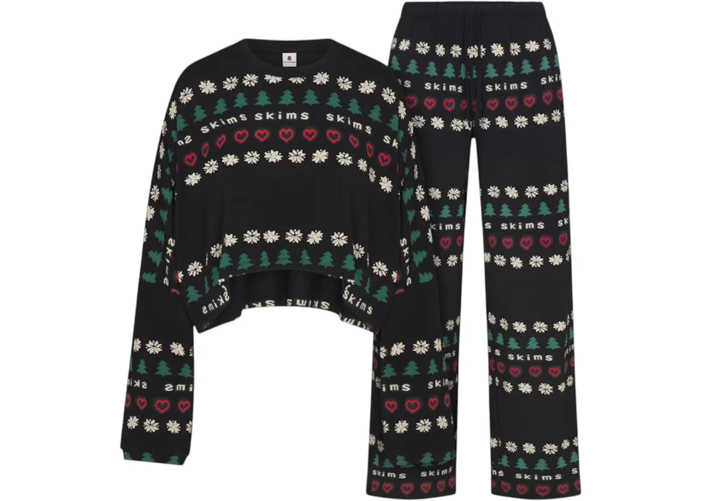 SKIMS x Cactus Plant Flea Market Women's Sleep Cropped Long Sleeve And Pant Set Onyx Pine Fair Isle