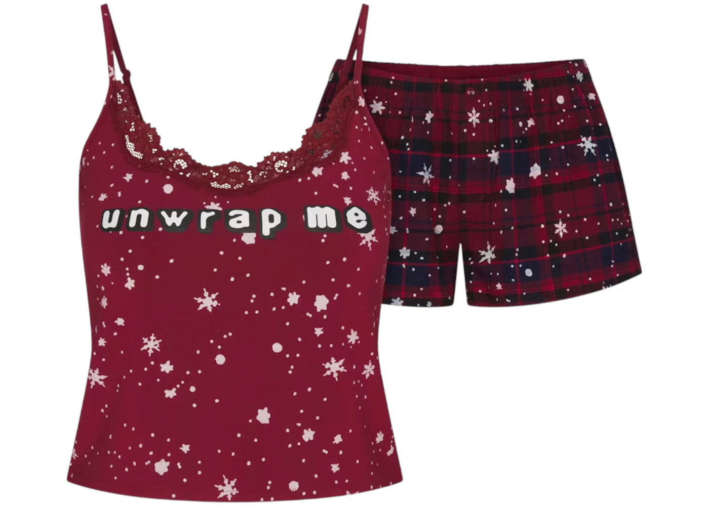 SKIMS x Cactus Plant Flea Market Women's Sleep Lace Tank Flannel Short Set Merlot Unwrap Me Snow Print