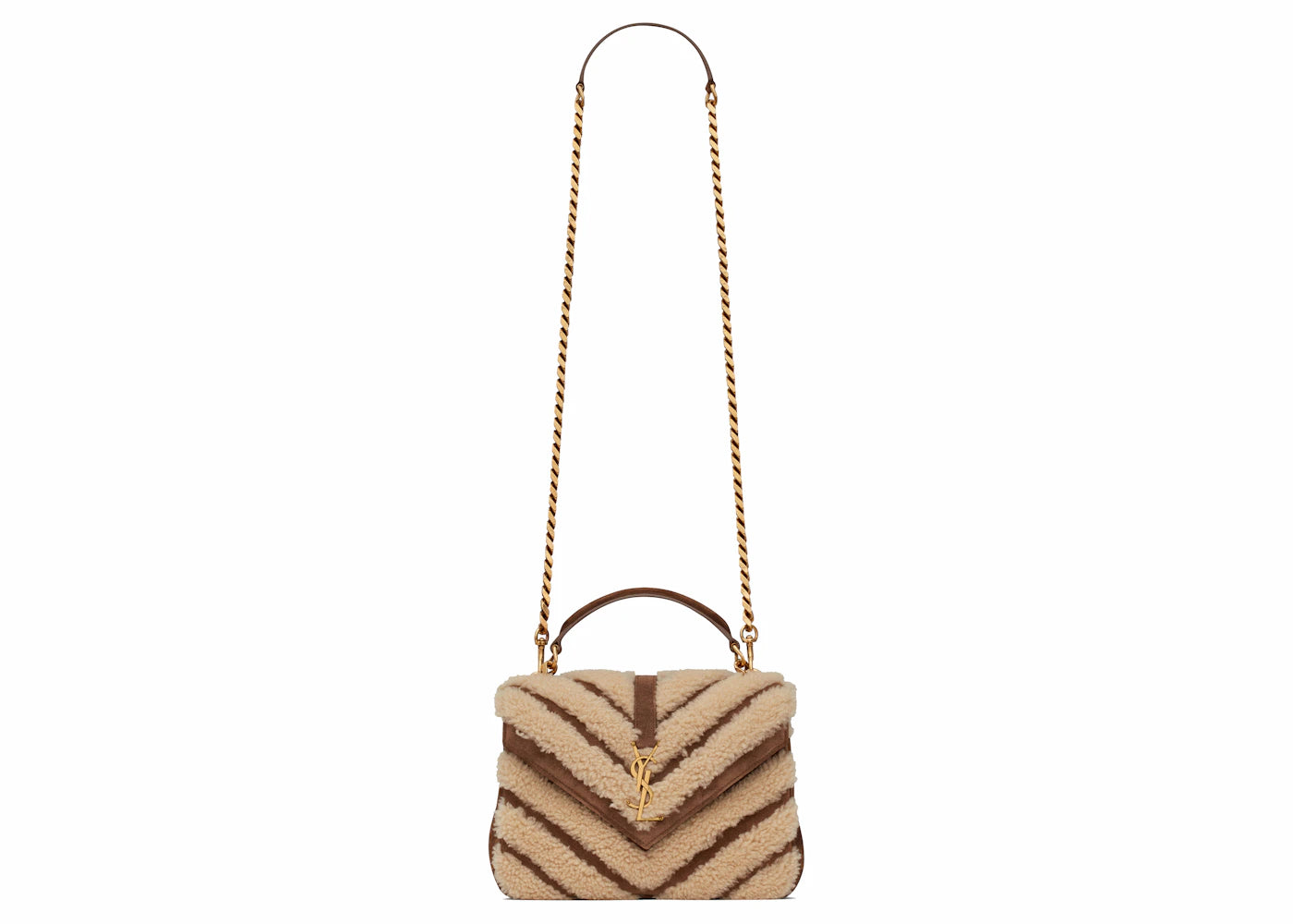 Saint Laurent College Chain Bag In Suede and Shearling Medium Natural Beige/Dark Cigar