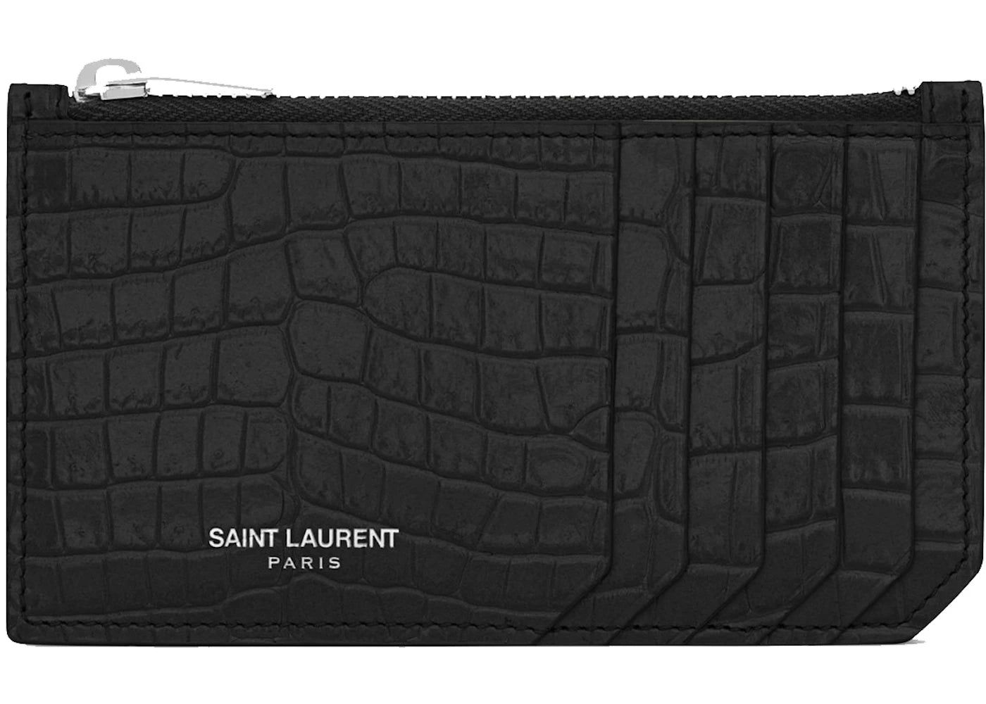 Saint Laurent Fragments Zipped Card Case Crocodile Embossed Shiny Leather Black