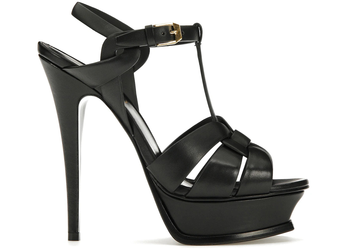 Saint Laurent Tribute Platform Sandal Heels Black Leather