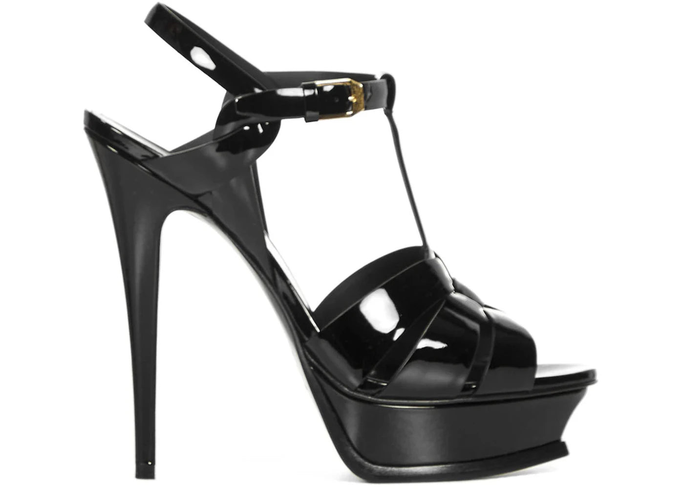 Saint Laurent Tribute Platform Sandal Heels Black Patent Leather