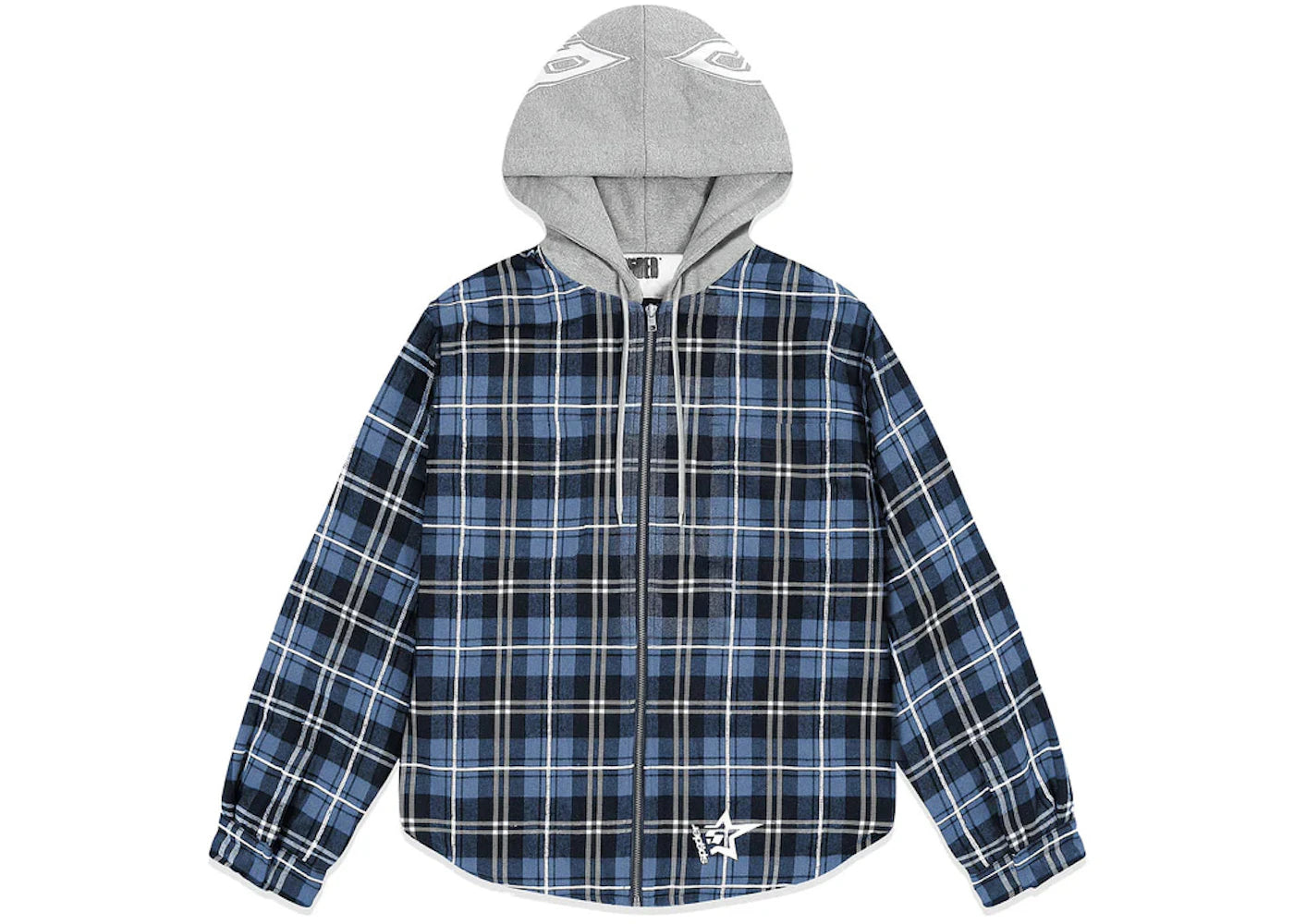 Sp5der Hooded Zip Flannel Shirt Jacket Blue Plaid