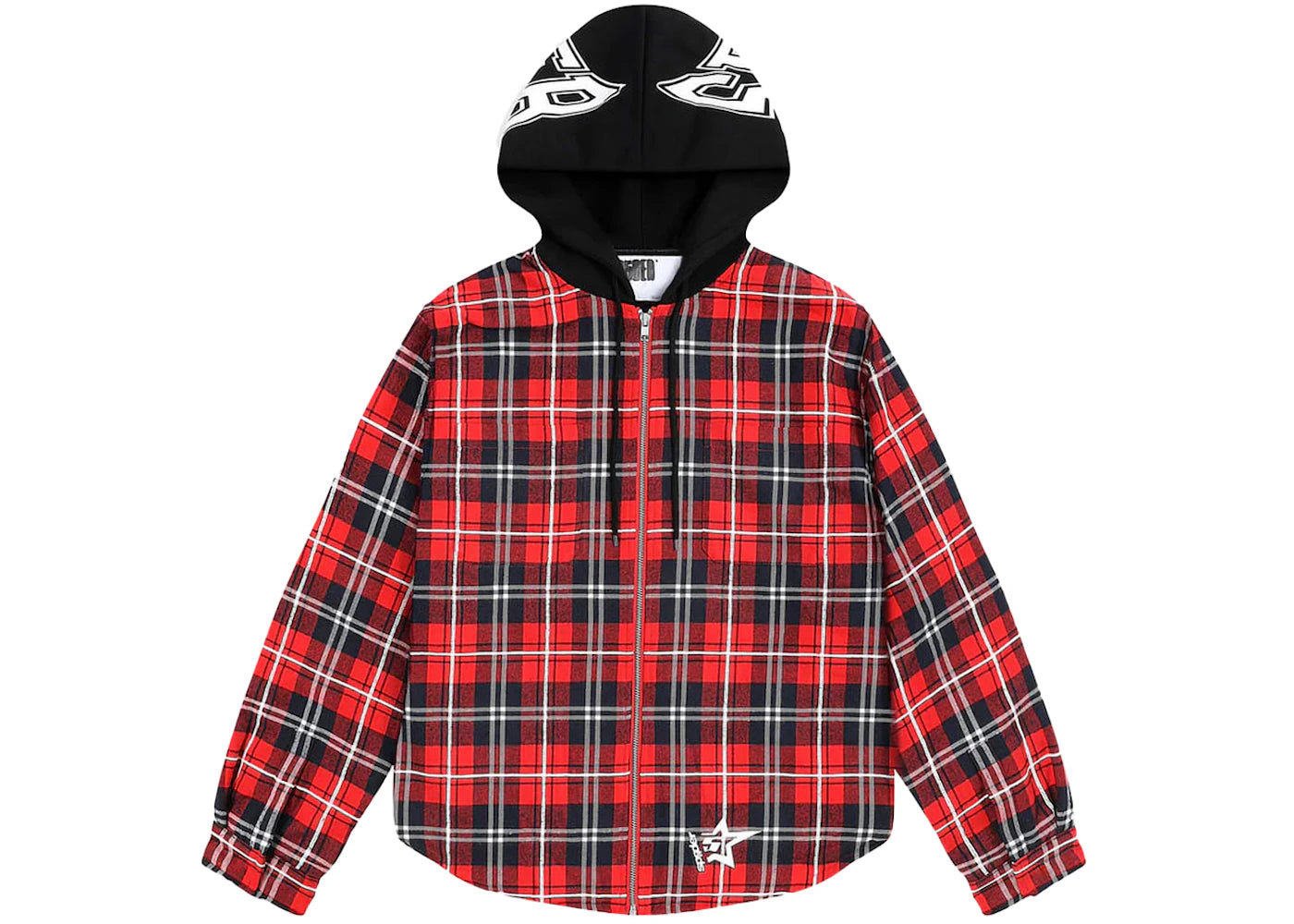 Sp5der Hooded Zip Flannel Shirt Jacket Red Plaid