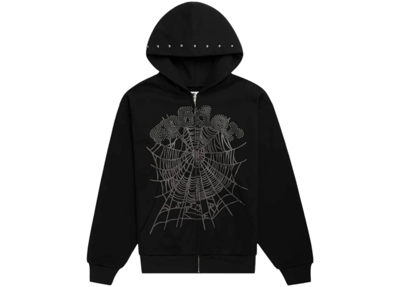 Sp5der OG Web Studded Zip Hoodie Black