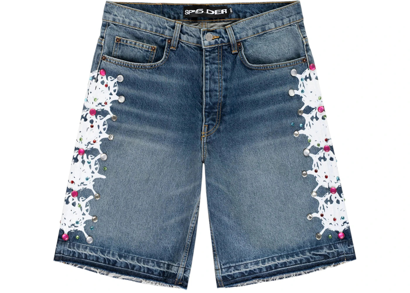 Sp5der Web Stone Denim Shorts Light Blue Wash