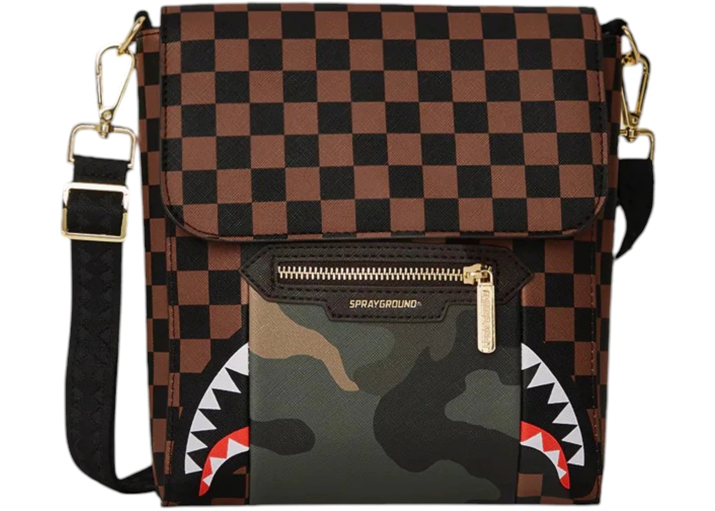 Sprayground Exterior Gold Zip Pocket Sharks In Paris Messenger Sling Bag Multicolor