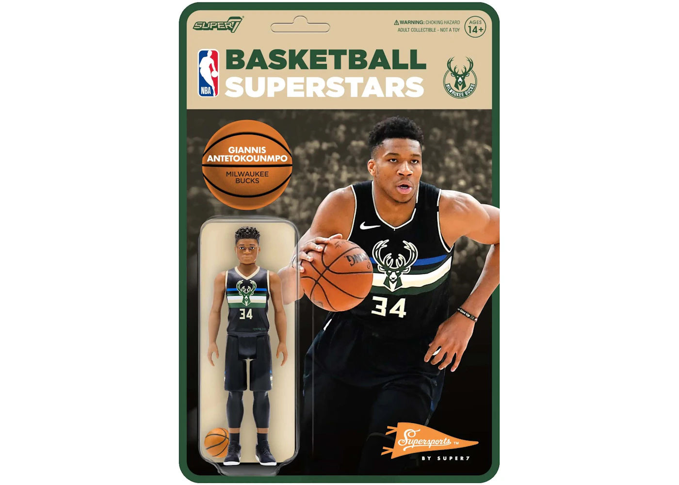 Super7 Supersports NBA Milwaukee Bucks Giannis Antetokounmpo Action Figure Black