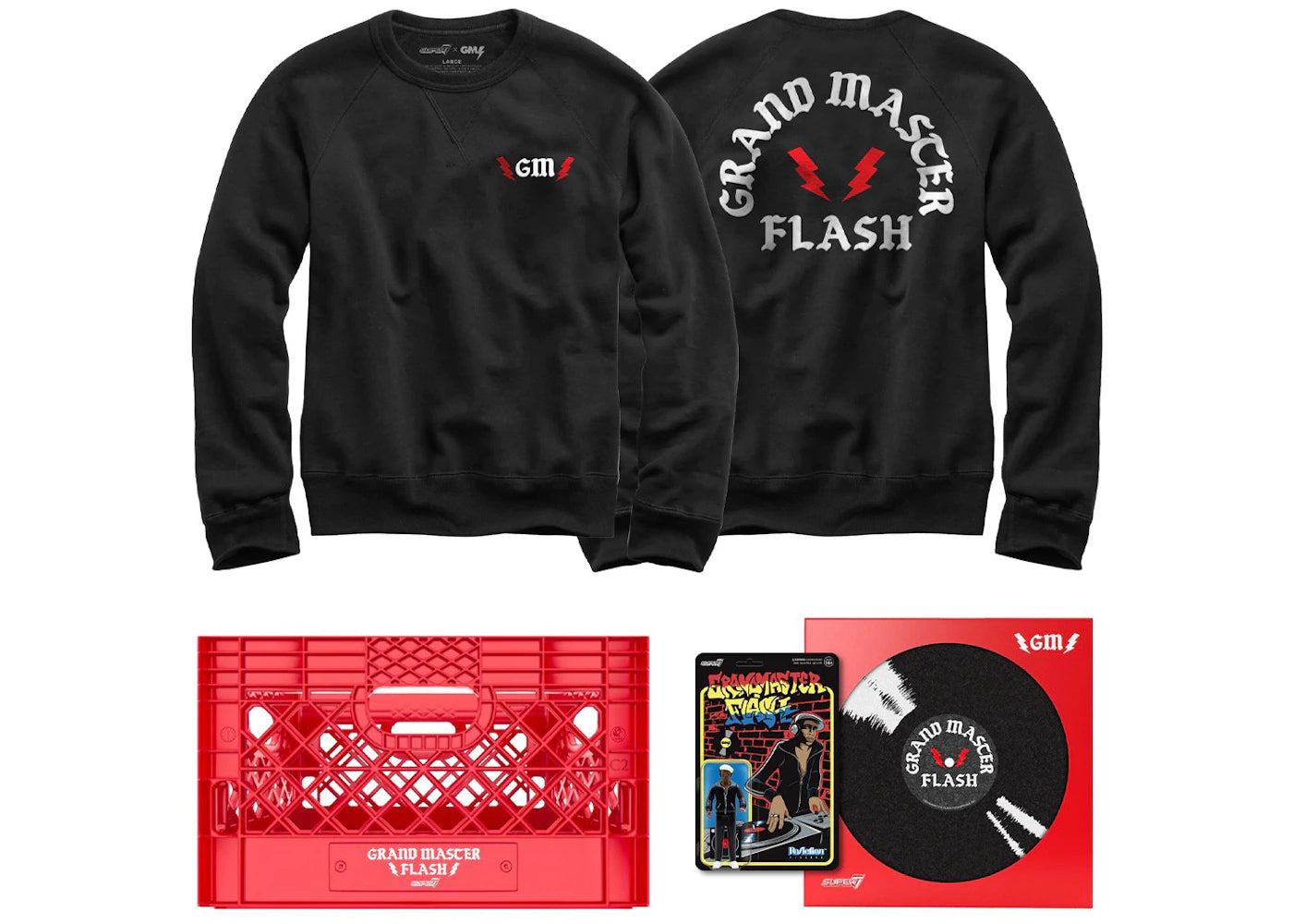 Super7 x Grandmaster Flash Crewneck Crate and Toy Kit Black