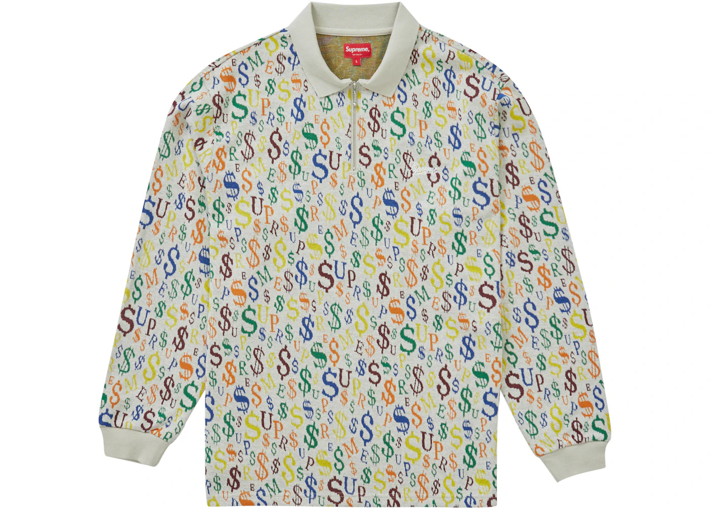 Supreme Currency Jacquard Zip L/S Polo White