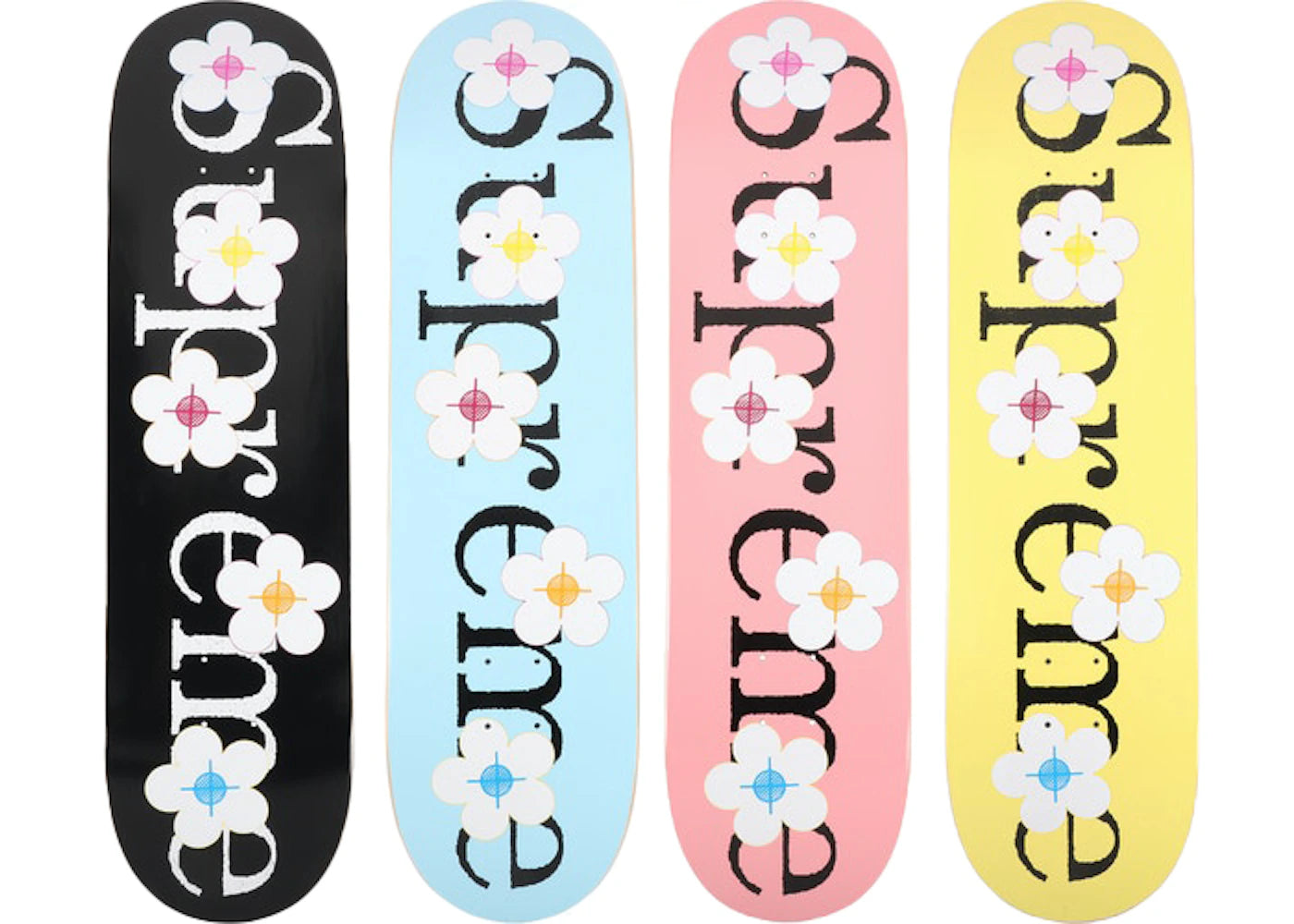 Supreme Flowers Skateboard Deck Black/Blue/Pink/Yellow Set